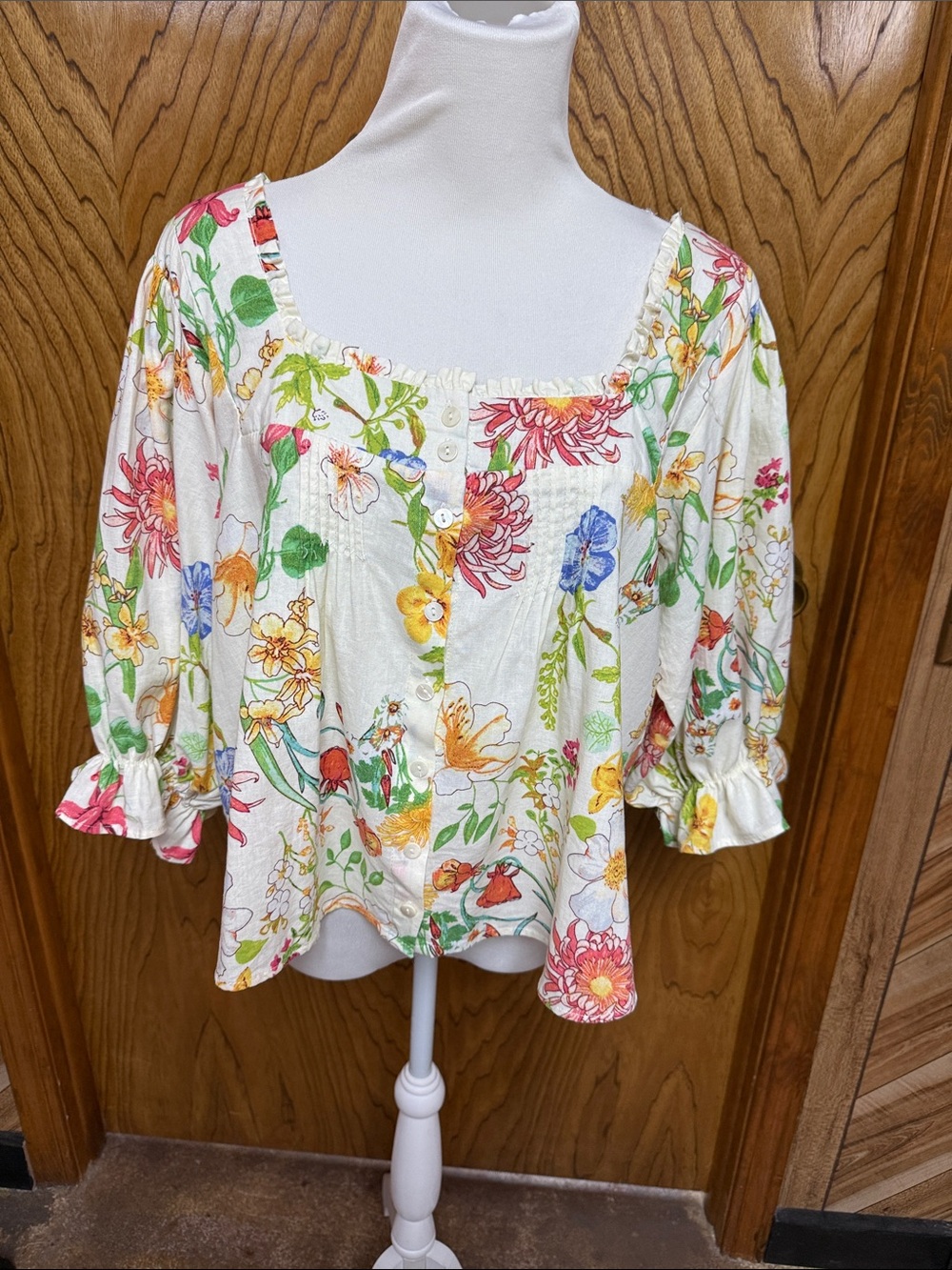 Laura Ashley Floral Linen Boho Blouse Large Square Neck Puff Sleeve Cottagecore